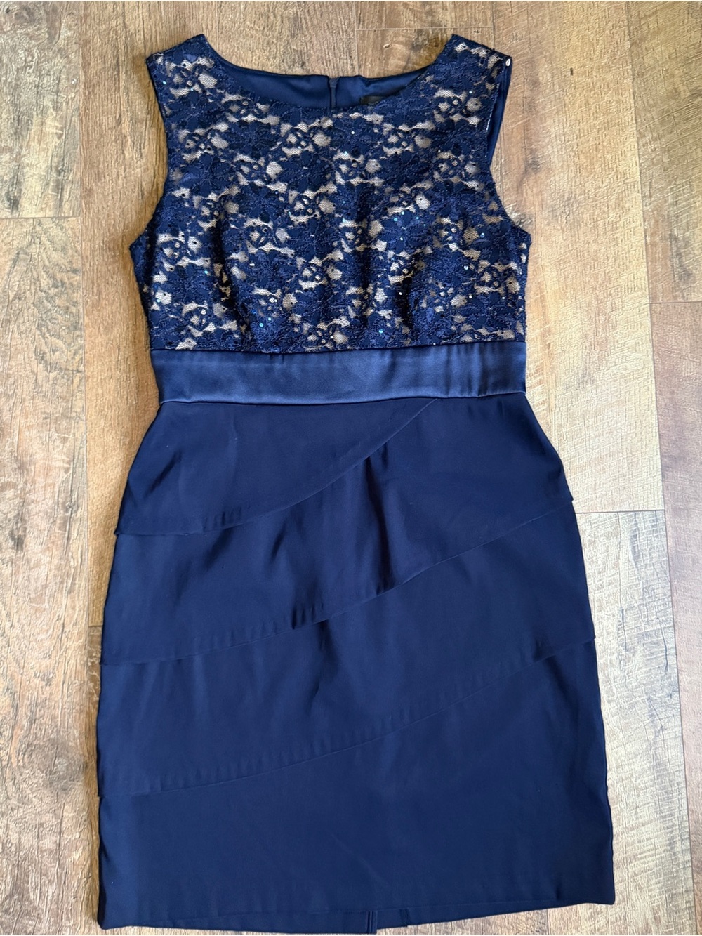 Connected Apparel Women’s Blue Lace Sequin Overlay Tiered Sleeveless Dress 14